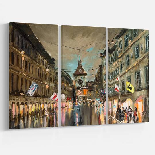 Designart - Bern Switzerland Rainy Evening in Oil Painting - Cityscapes Painting Print on Wrapped Canvas set
